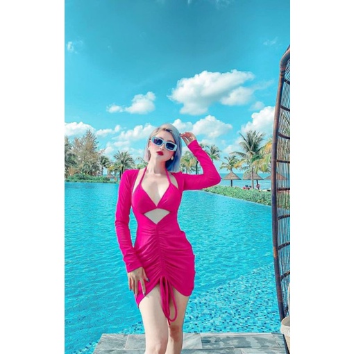 Bikini nữ bộ bơi đồ bơi đi biển set 3 món tay dài váy rút EVA