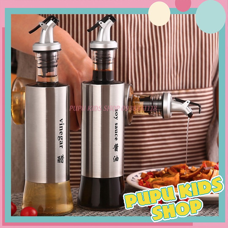 [Tặng Kẹp Miệng Túi] Chai Rót Dầu Ăn, Nước Tương Thủy Tinh Bọc Inox Cao Cấp