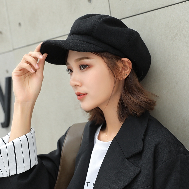 Women Wool Cotton Blend Berets,Winter Autumn Octagonal Painter Cap,Solid Soft Fashion Hat
