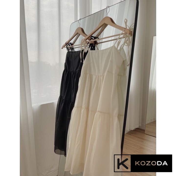 Váy hai dây đầm babydoll voan tơ dáng đen kem có dây điều chỉnh 2 lớp dày dặn không lộ KOZODA D12