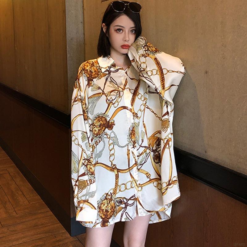 Áo Sơ Mi Nữ Dáng Rộng Tay Dài Họa Tiết Cổ Điển Phong Cách Hàn Quốc