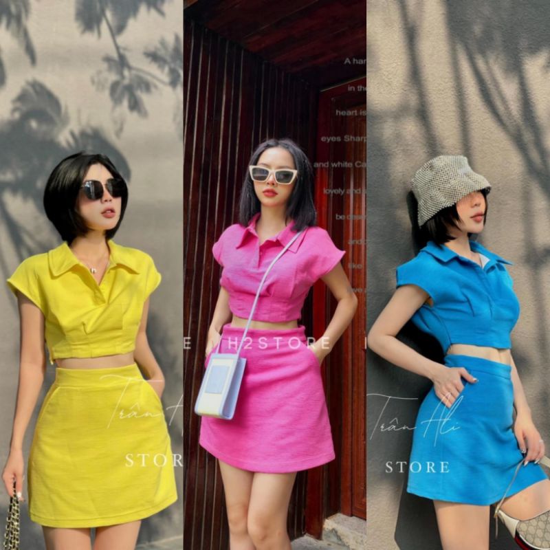 Set Bộ Váy Nữ Cao Cấp Đi Biển Set Áo Sơ Mi Cộc Tay Dáng Croptop Phối Quần Váy Lưng Cao Form A Màu Trendy BEBEDOLL