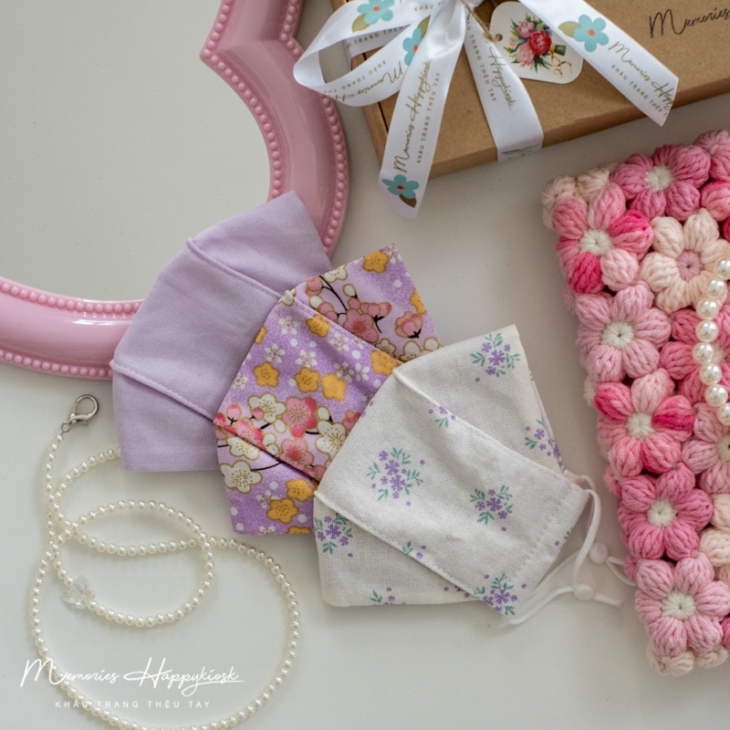 Set 3 khẩu trang vải linen lót vải xô muslin dây có nút điều chỉnh