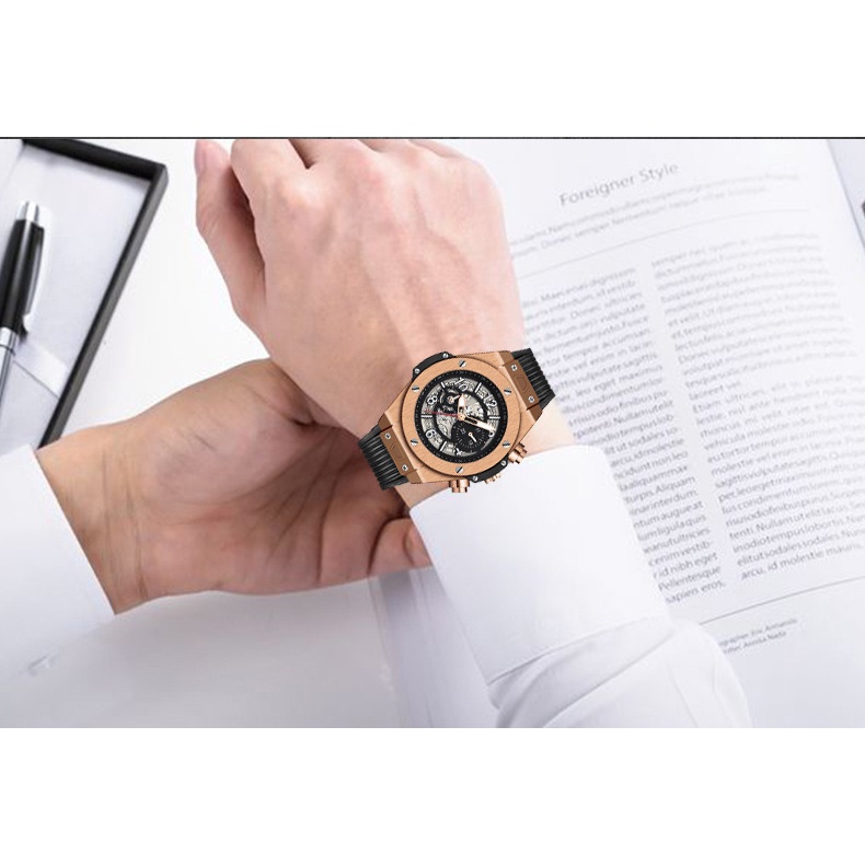 Đồng hồ cơ nam tự động automatic dây cao su chính hãng KIMSDUN K-523A lộ máy sang trọng cao cấp