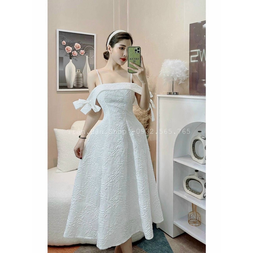 Đầm váy nữ maxi trễ vai xếp ly xốp đơn giản, xinh xắn dành cho các tiểu thư đi chơi, dự tiệc