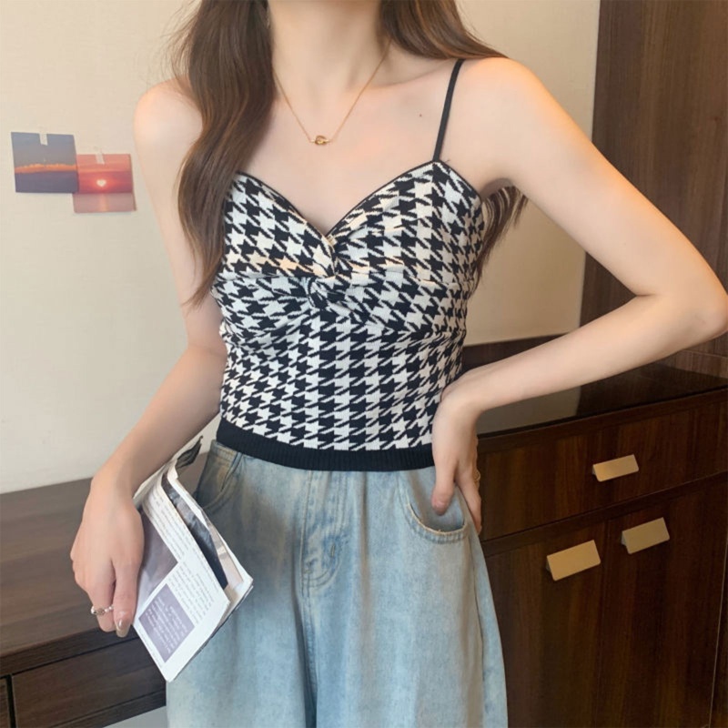 Brroa Áo Hai Dây Dệt Kim Họa Tiết Houndstooth Thời Trang Mùa Hè Cho Nữ