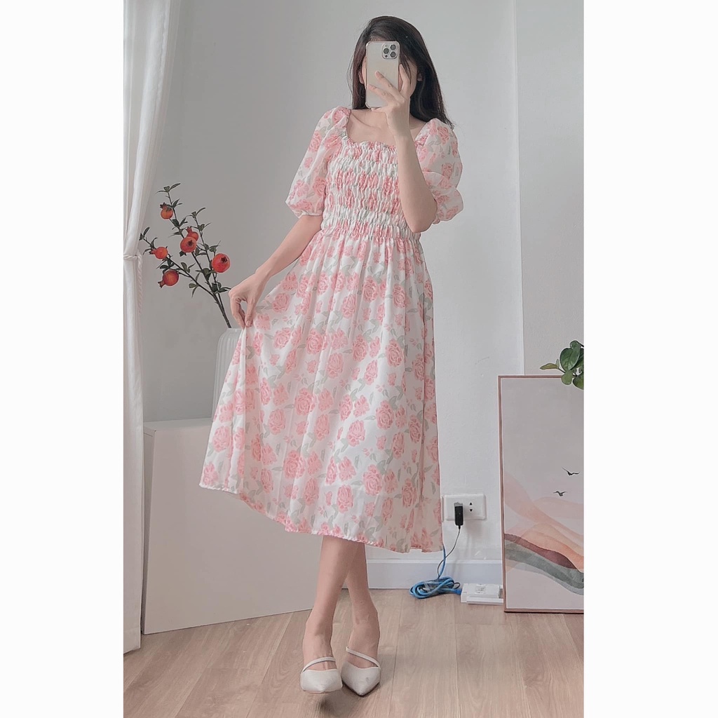 Đầm Váy Babydoll Hoa Hồng Chun Ngực Váy Cổ Vuông Hàn Quốc