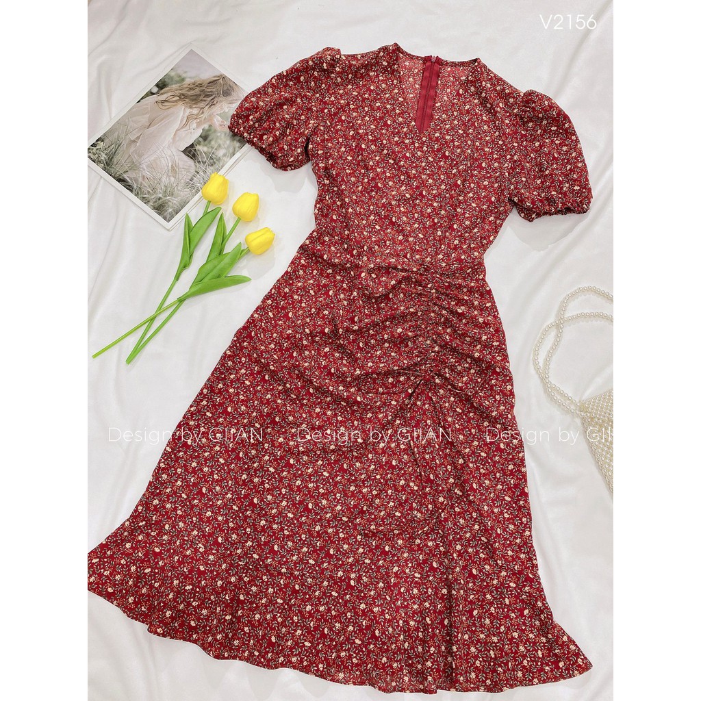 Váy hoa nhí dáng dài tay bồng đi biển thiết kế đuôi cá nhún eo rút dây cổ V chính hãng GIIAN - GV2156 | BigBuy360 - bigbuy360.vn