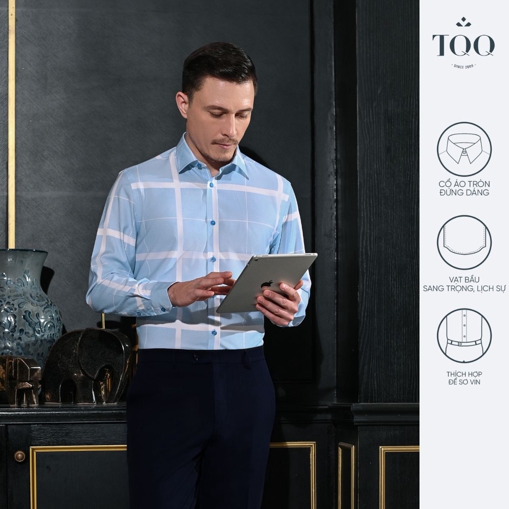 Áo sơ mi nam dài tay TQQ dáng Slimfit công sở ôm nhẹ K470CS màu xanh nhạt chất liệu Viscose thoáng mát hạn chế nhăn