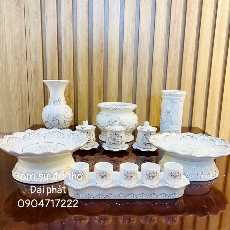 Bộ đồ thờ cúng, Set đồ thờ bạch Ngọc sen trắng , Bộ thờ cúng sứ bạch ngọc vân nổi cao cấp