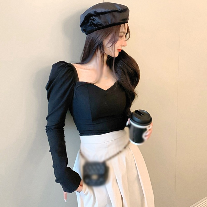 Áo thun tay phồng dài cổ vuông màu sắc trơn phong cách Hàn Quốc quyến rũ