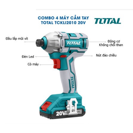 Bộ 4 máy cầm tay dùng pin 20V TOTAL TCKLI2010 gồm máy khoan, máy bắn vít, máy cưa lọng, máy cưa đĩa  NICA
