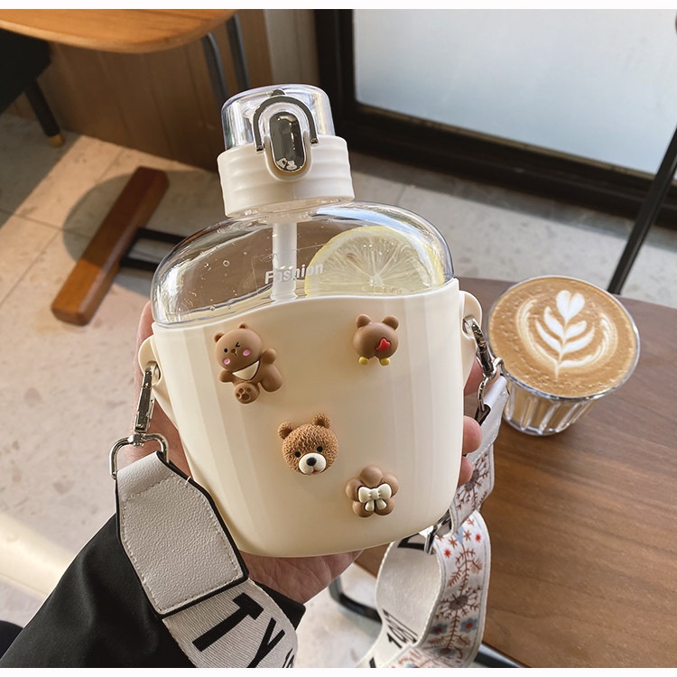 Bình nước cute, bình nước 700ml, tặng kèm dây đeo, ống hút, sticker