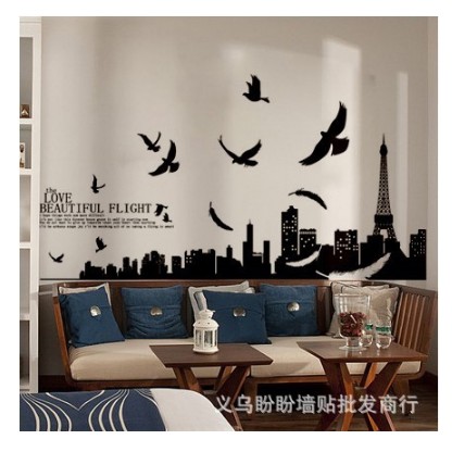 Decal trang trí tường Thành Phố đen và bày chim đen