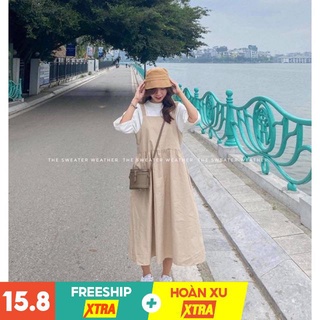 Set yếm kaki nữ dáng dài màu be kèm áo thun cotton