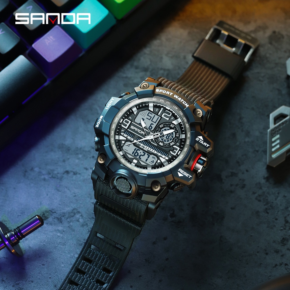 Đồng Hồ Thể Thao Sanda Chống Thấm Nước 5ATM Có Đèn LED Màu Xanh Lá Phong Cách Quân Đội Cho Nam 3133