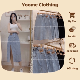 Chân váy bò dài xẻ đùi, chân váy jean dài xẻ QCCC chất bò dày dặn size S M L cho nữ Yoome clothing