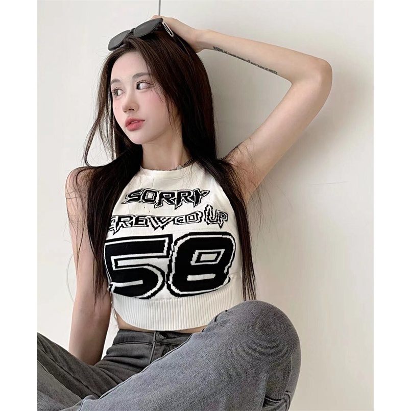 HUANG YOYO Áo Dệt Kim Hai Dây In Chữ Phong Cách Thời Trang Hàn Quốc Cho Nữ