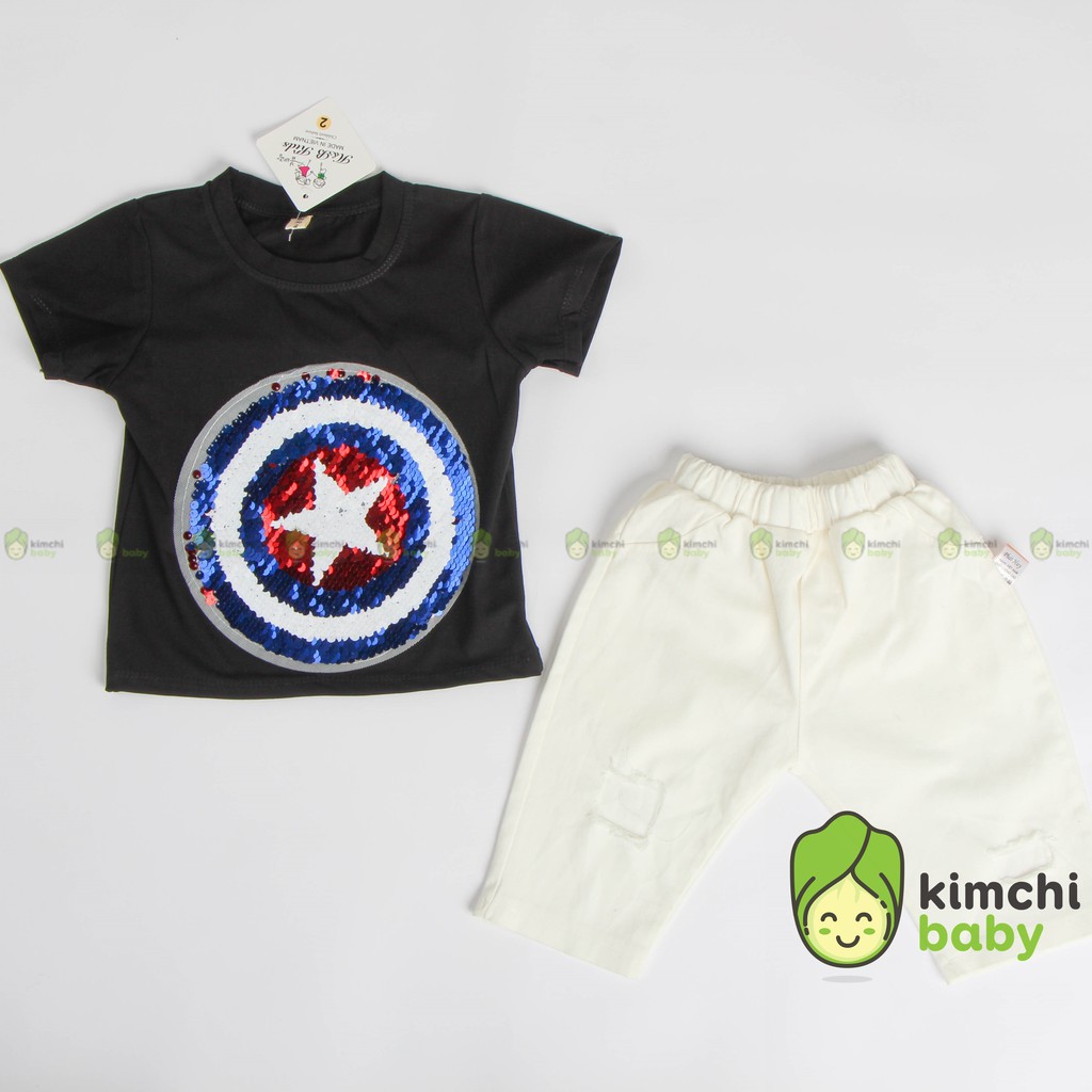 Bộ đồ bé trai áo thun cotton đính kim sa Captain kèm quần kaki, set đồ cộc tay cho bé đi học đi chơi mùa hè BBT2102