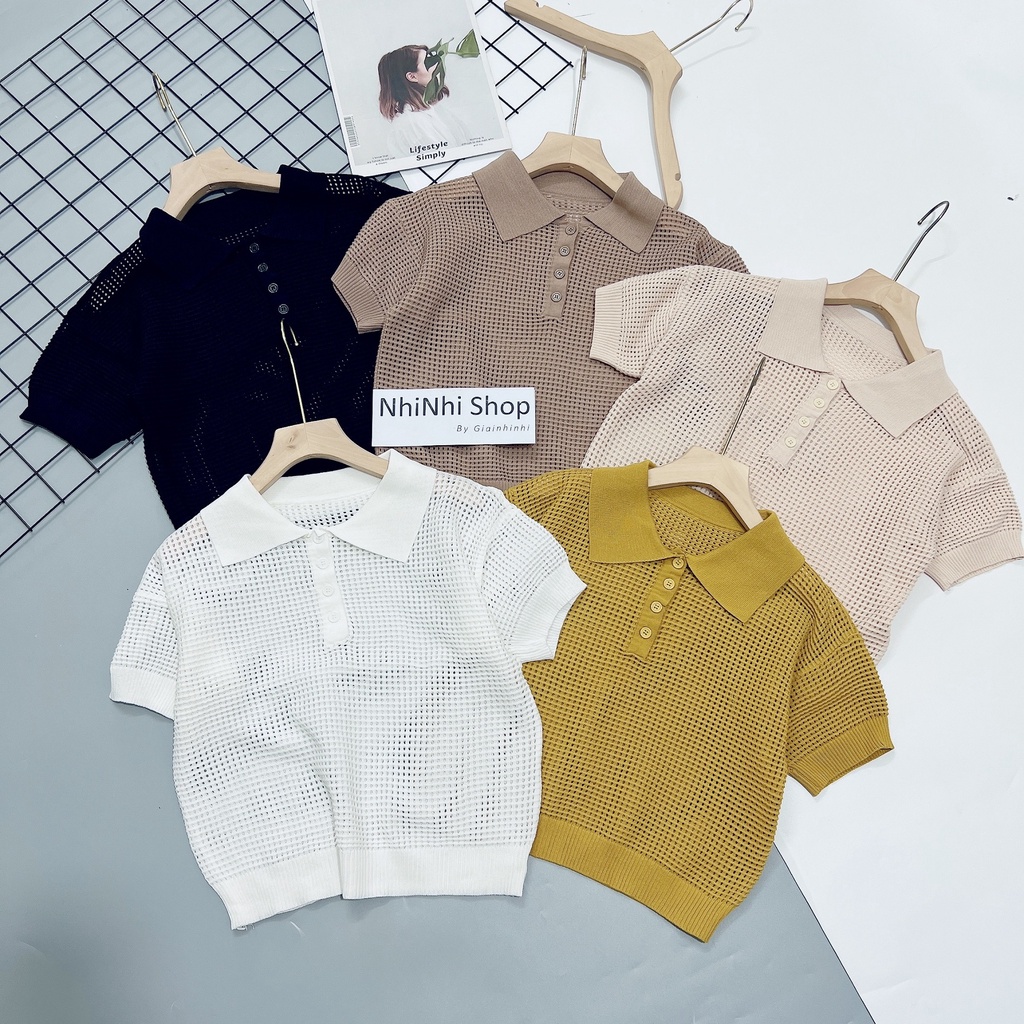 Áo len polo mỏng thưa form vừa người , Áo kiểu len lỗ mặc mát AL1679 - NhiNhi Shop