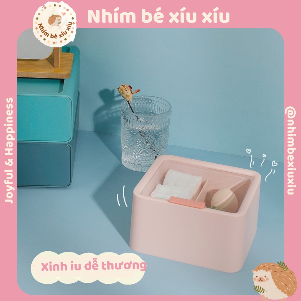 [KÈM STICKER] Hộp nhựa 2 ngăn có nắp đậy để bông tẩy trang, bông tăm, mút trang điểm tiện lợi TN85