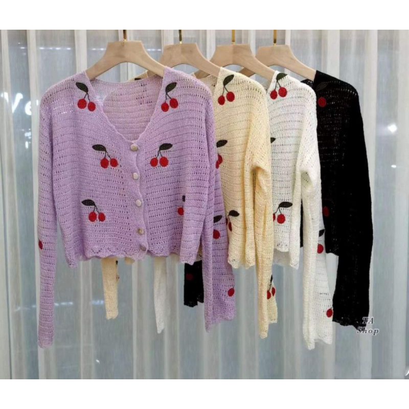 Áo cadigan mỏng thêu cherry hàng QC