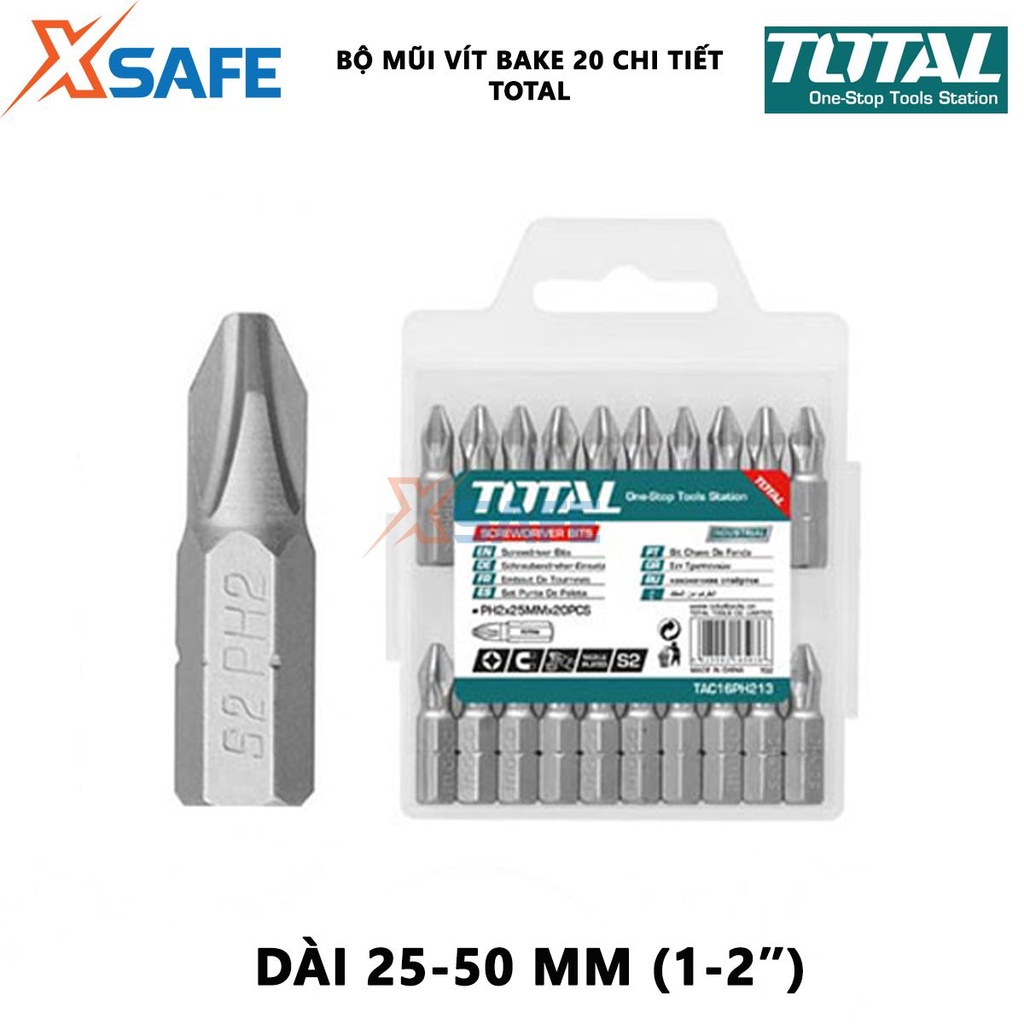 Bộ mũi vặn vít TOTAL kích thước PZ2 x 25-50mm, chất liệu thép công nghiệp S2 không gỉ, mạ niken từ tính
