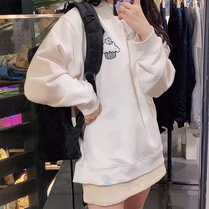 FREESHIP Áo Sweater Chất Nỉ Cotton Thêu Kem Gấu Form Thụng siu xinh,Freesize dưới 65kg