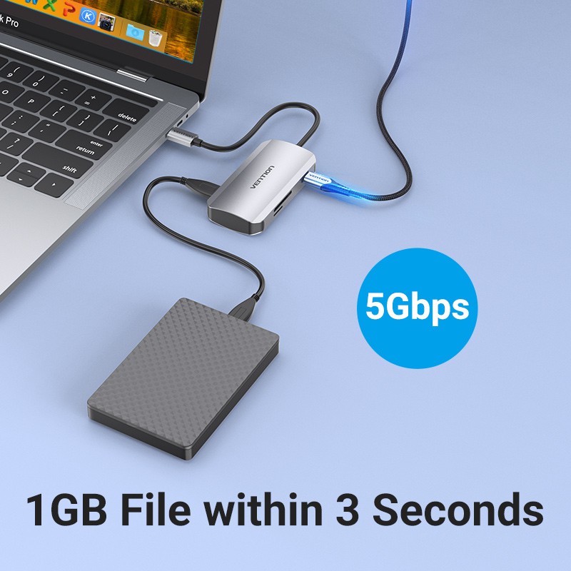 Ổ chuyển đổi VENTION đầu USB-C sang USB 3.0*3/SD/TF/PD HUB bằng hợp kim nhôm cho laptop