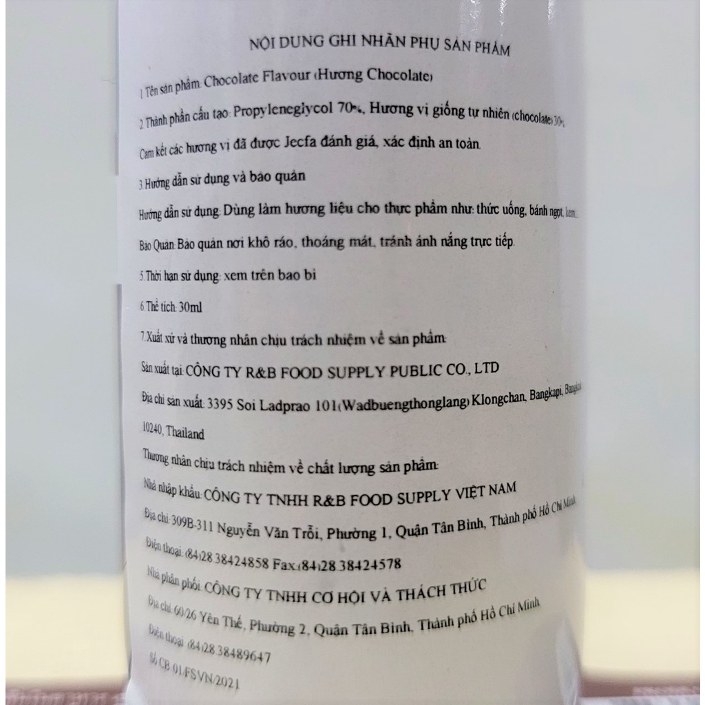 [Lọ nhỏ 30ml – CHOCOLATE] HƯƠNG SÔ CÔ LA THỰC PHẨM [Thailand] BEST ODOUR Food Flavour (halal)