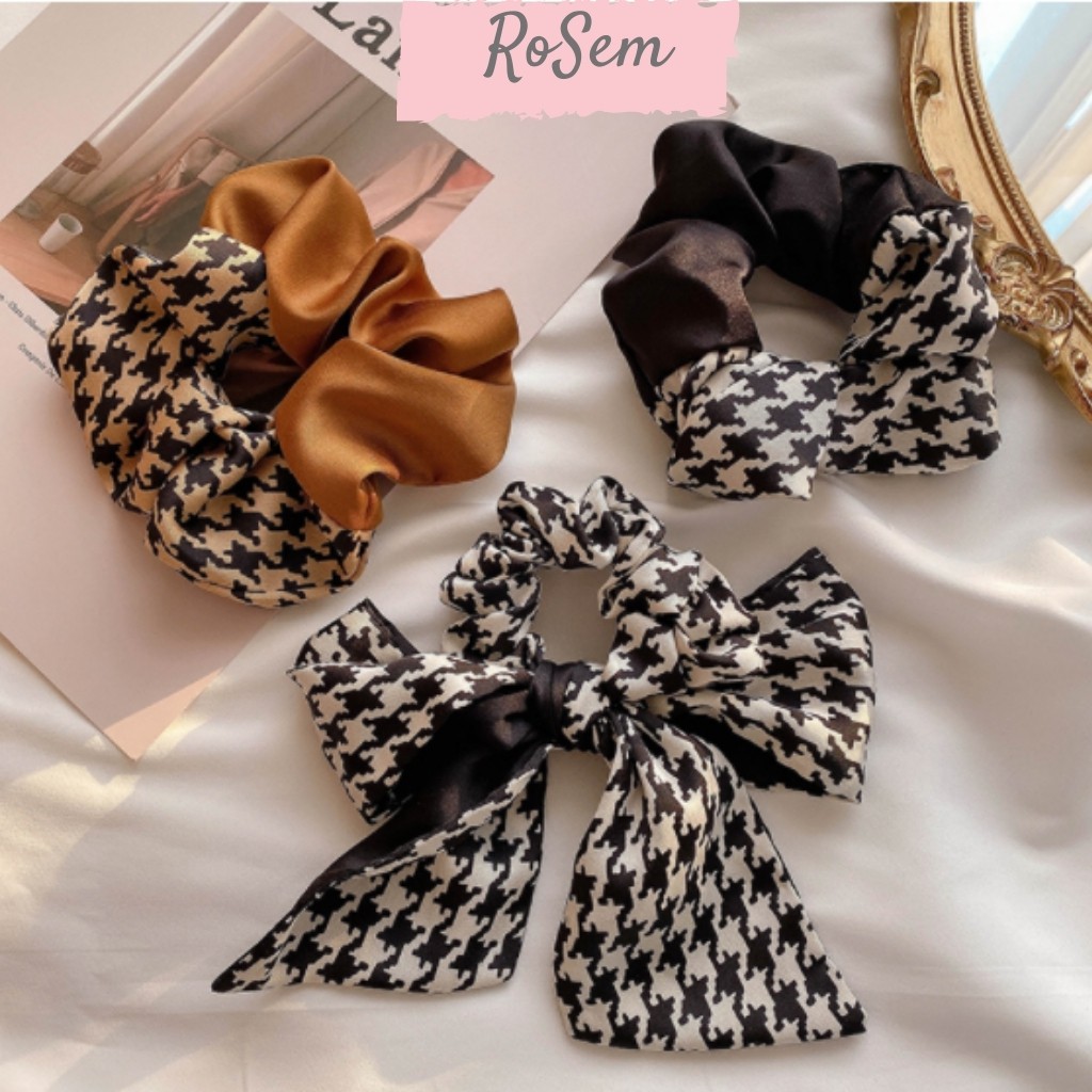 Dây buộc tóc lụa họa tiết Houndstooth phong cách Hàn Quốc