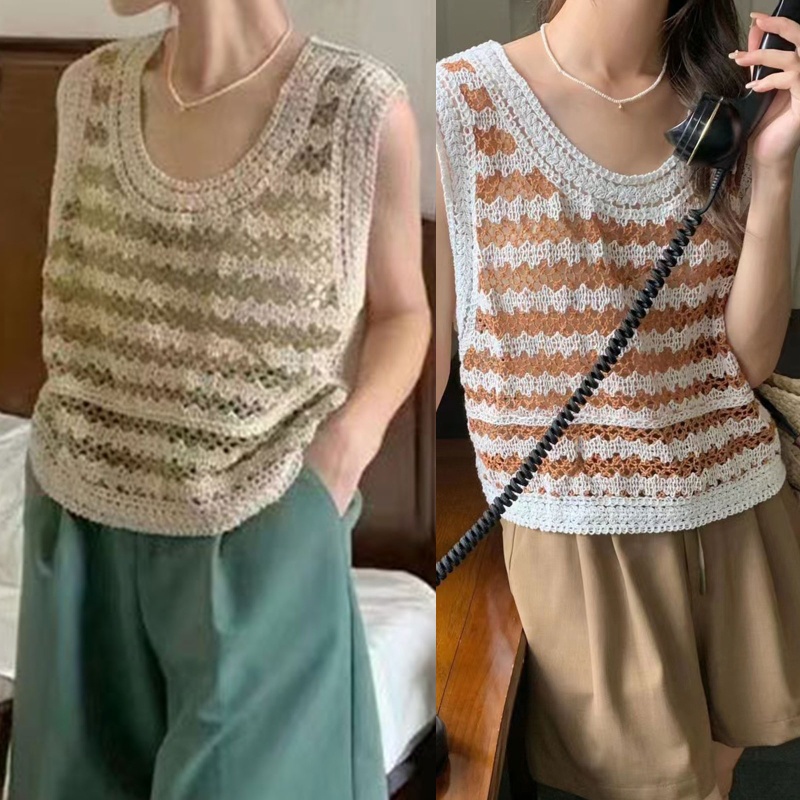 Brroa Áo Crop Top Len Móc Xuyên Thấu Hở Lỗ Gợi Cảm