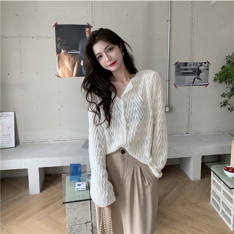 QADCOL Áo kiểu tay dài cổ tròn dáng rộng phong cách thời trang Hàn Quốc cho nữ