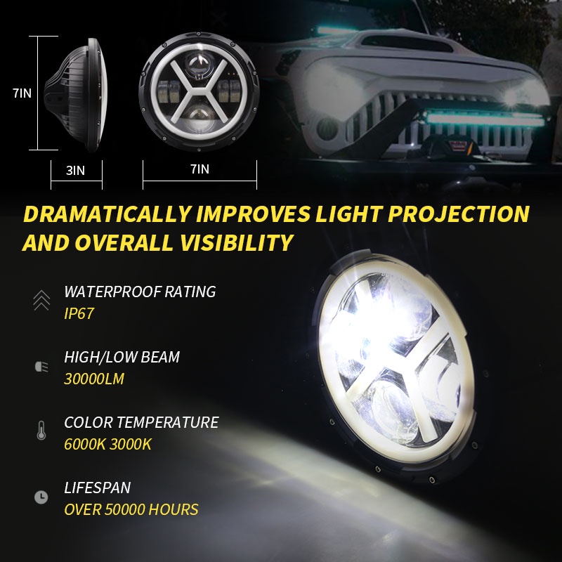 Đèn Pha Tròn 500W 7 Inch 30000LM Kèm Vòng Đệm Cho JEEP Wrangler JK TJ LJ