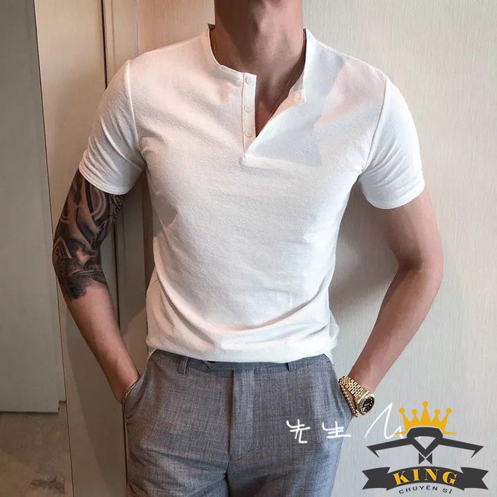 Áo thun nam KING tay ngắn cổ xẻ dáng ôm vải cotton trơn co giãn thấm hút mồ hôi tốt, form rộng basic giá rẻ V03