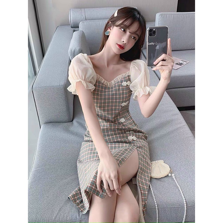 Đầm váy caro phối voan xếp ly xẻ tà xinh xắn thích hợp cho nàng dạo phố, dự tiệc