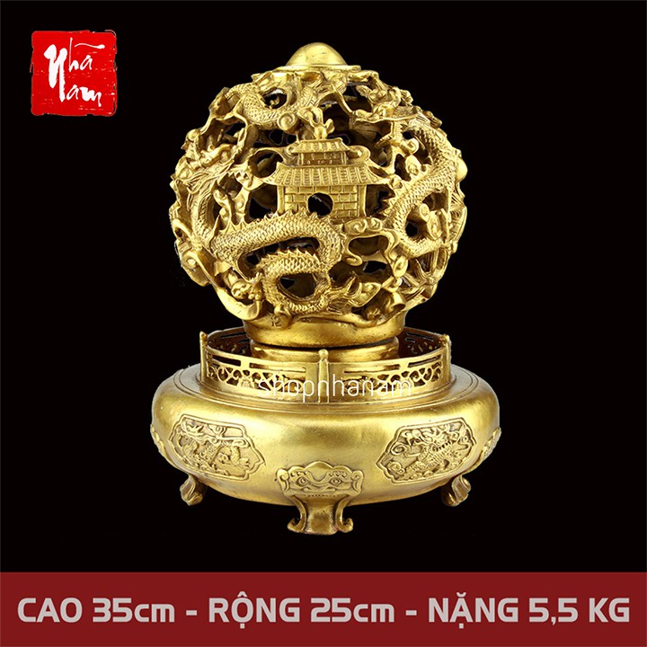 Lư hương đồng vàng cao cấp họa tiết rồng thắp trầm hương