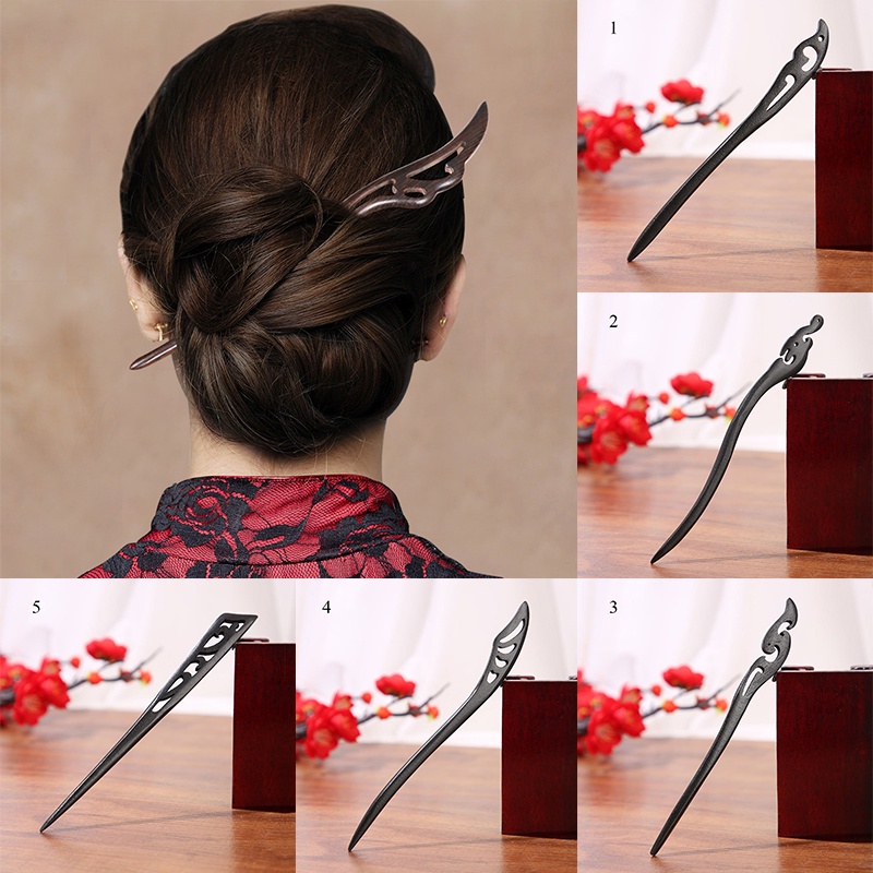 Trâm Cài Tóc Bằng Gỗ Mun Màu Đen Hình Cánh Bướm Rồng Trung Hoa Cho Cô Dâu
