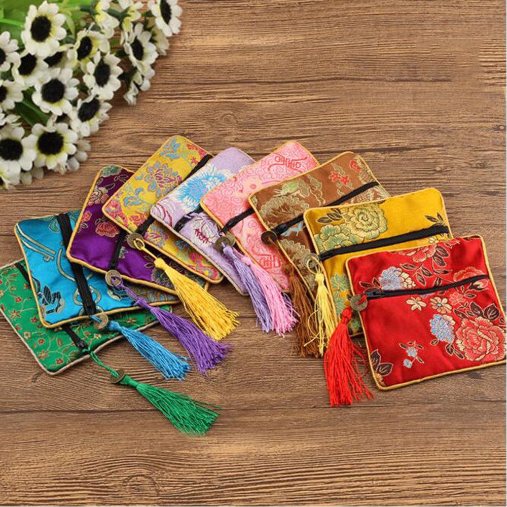 MXMUSTY Purse Jewelery Bag Zipper Tips Bag Handbags Brocade Quartet Zipper Packaging Buddhist Fabric Floral Wallet/Multicolor