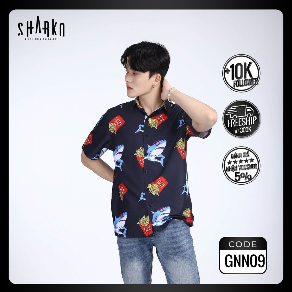 Áo sơ mi nam họa tiết SHARKO - SHARK & CHIPS, vải lụa thoáng mát, không nhăn, form rộng - GNN09