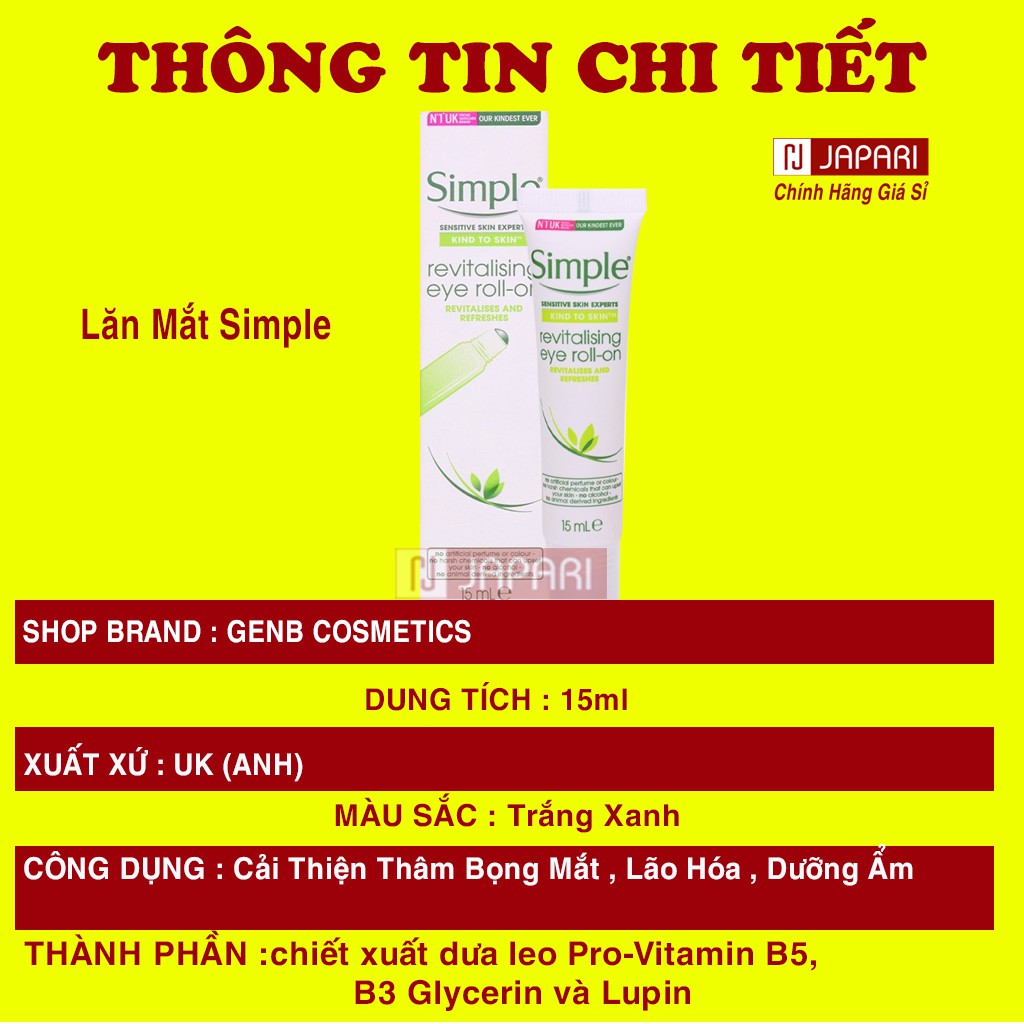 Lăn Dưỡng Mắt Simple CHÍNH HÃNG Lăn Mắt Giảm Thâm, Bọng Mắt - Kem Dưỡng Ẩm Simple