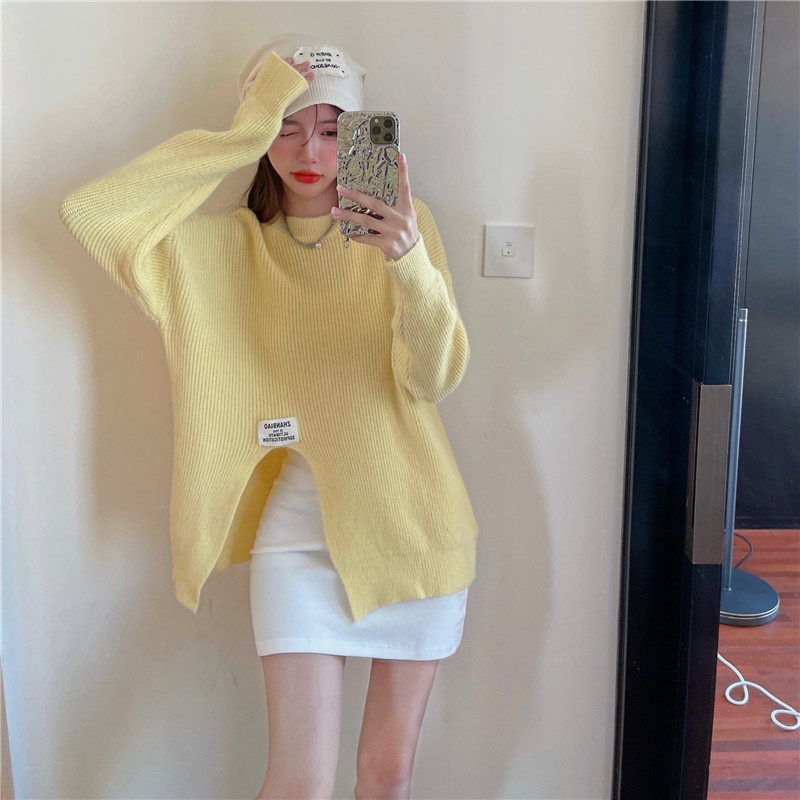 Áo sweater ZHELIHANGFEI tay dài dáng rộng xẻ tà phong cách sang trọng