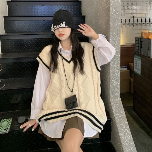 Set áo sơ mi tay dài cổ chữ V + áo khoác len không tay màu sắc tương phản phong cách Hàn Quốc 77