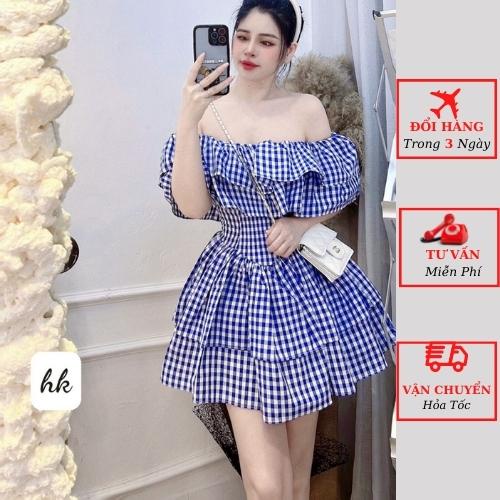 Váy trễ vai caro nữ bèo tầng tiểu thư bánh bèo ulzzang Hàn Quốc