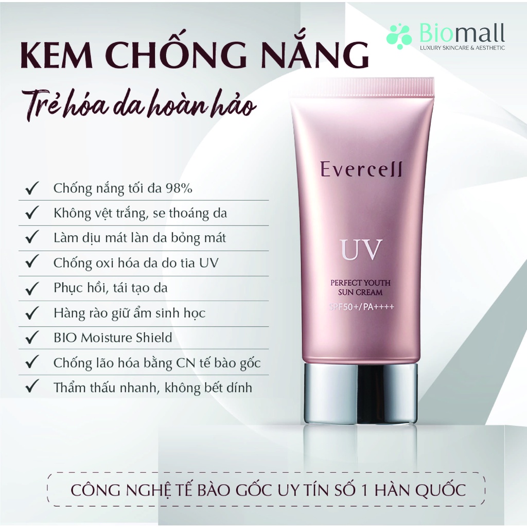 Kem chống nắng Tế bào gốc Trẻ hóa da hoàn hảo, Cấp ẩm CN Tế bào gốc Evercell UV Perfect Youth Suncream 50ml