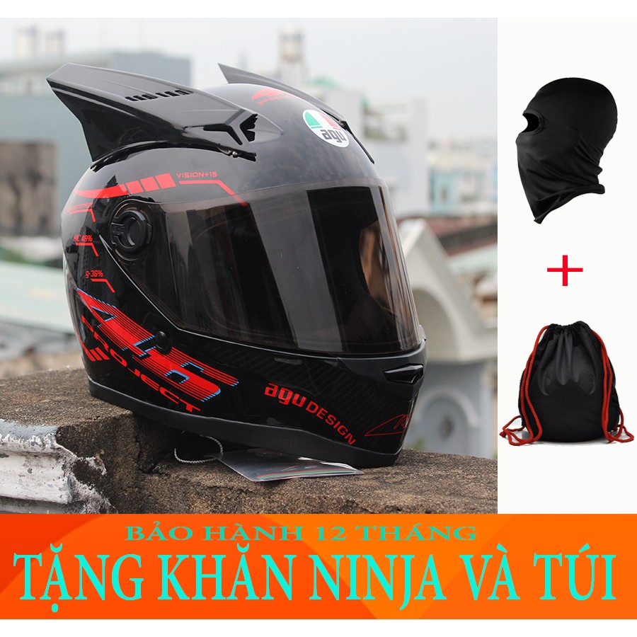 Mũ bảo hiểm AGU tem Đỏ Đen gắn sừng rùa đen TẶNG khăn ninja + túi + thùng