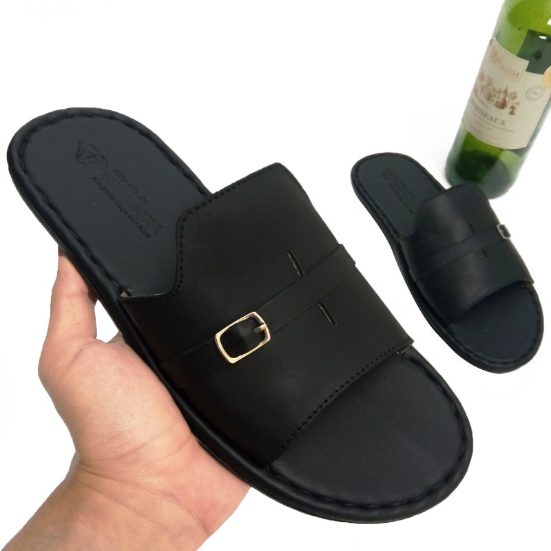 Dép nam quai ngang da bò đẹp thời trang,mang êm, đế khâu chắc chắn D121