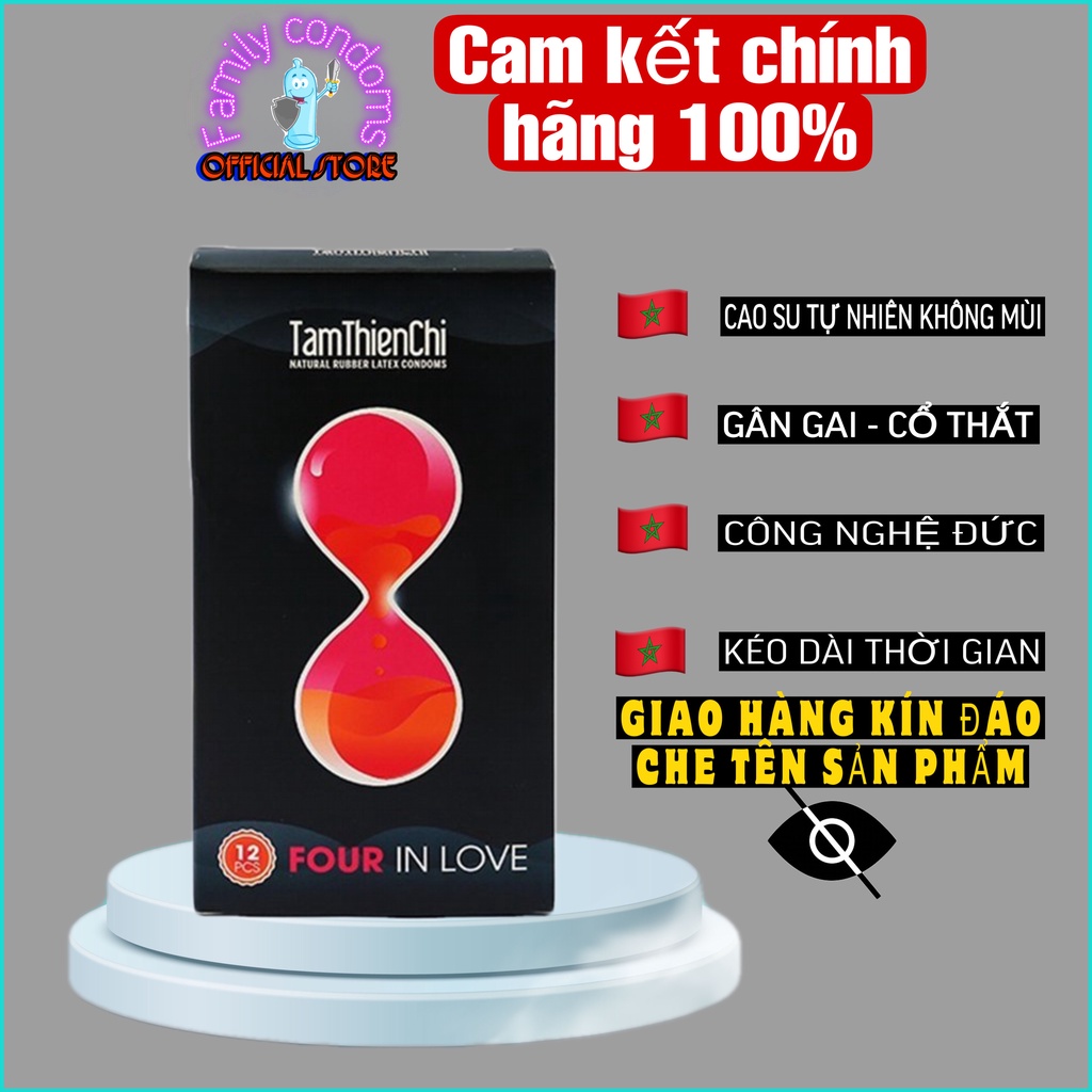 Bao cao su gai nổi Tâm Thiện Chí FOUR IN LOVE 4 in 1 gân gai kéo dài thời gian - Hộp 12 cái