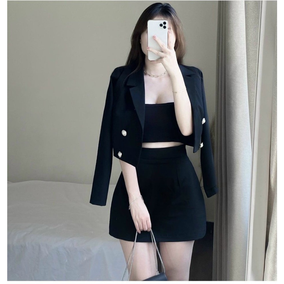 SET 3 MÓN ĐEN : KHOÁC VEST CROPTOP TAY DÀI + ÁO ỐNG + CHÂN VÁY NGẮN - HN9