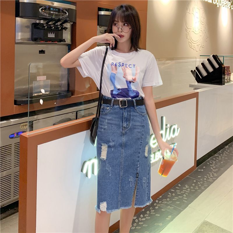 Chân váy jean Chữ A Lưng Cao Thiết Kế Xẻ Rách Thời Trang Mùa Hè Cho Nữ